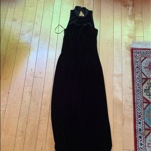 Long backless black velvet dress- beaded high neck collar
